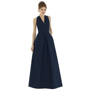 Alfred Sung Women's Dupioni Pleat A-Line Gown Midnight Blue Size 12 MSRP $242